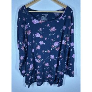 Terra & Sky Shirt Womens 1X Blue Floral Scoop Neck Long Sleeve Plus Top